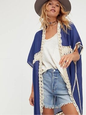 Free People Blue Kimono with Cream Lace Trim